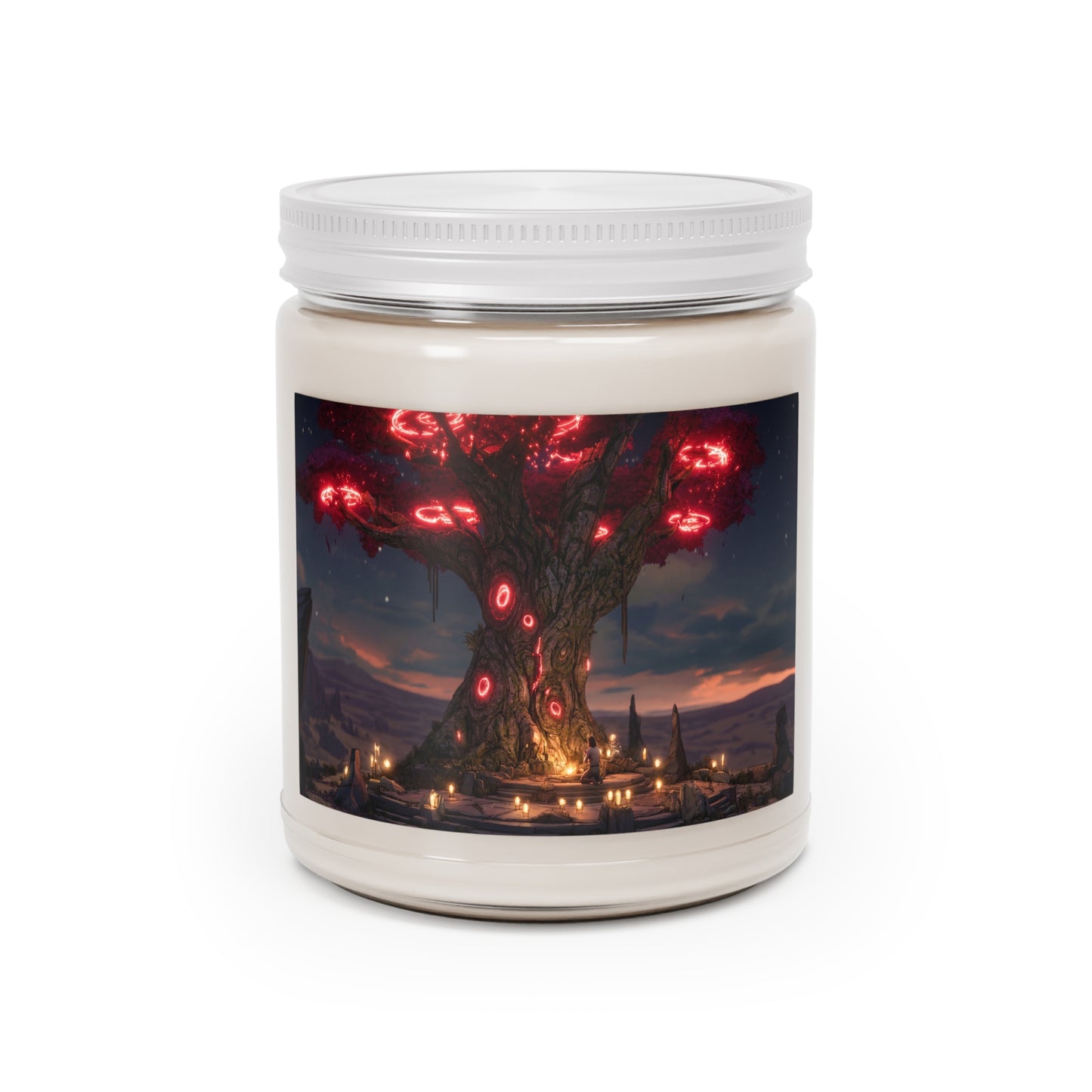 Crimson Oracle Tree Scented Soy Candles with White Lid, 9oz – Ritual Glow Under Starlit Canopy