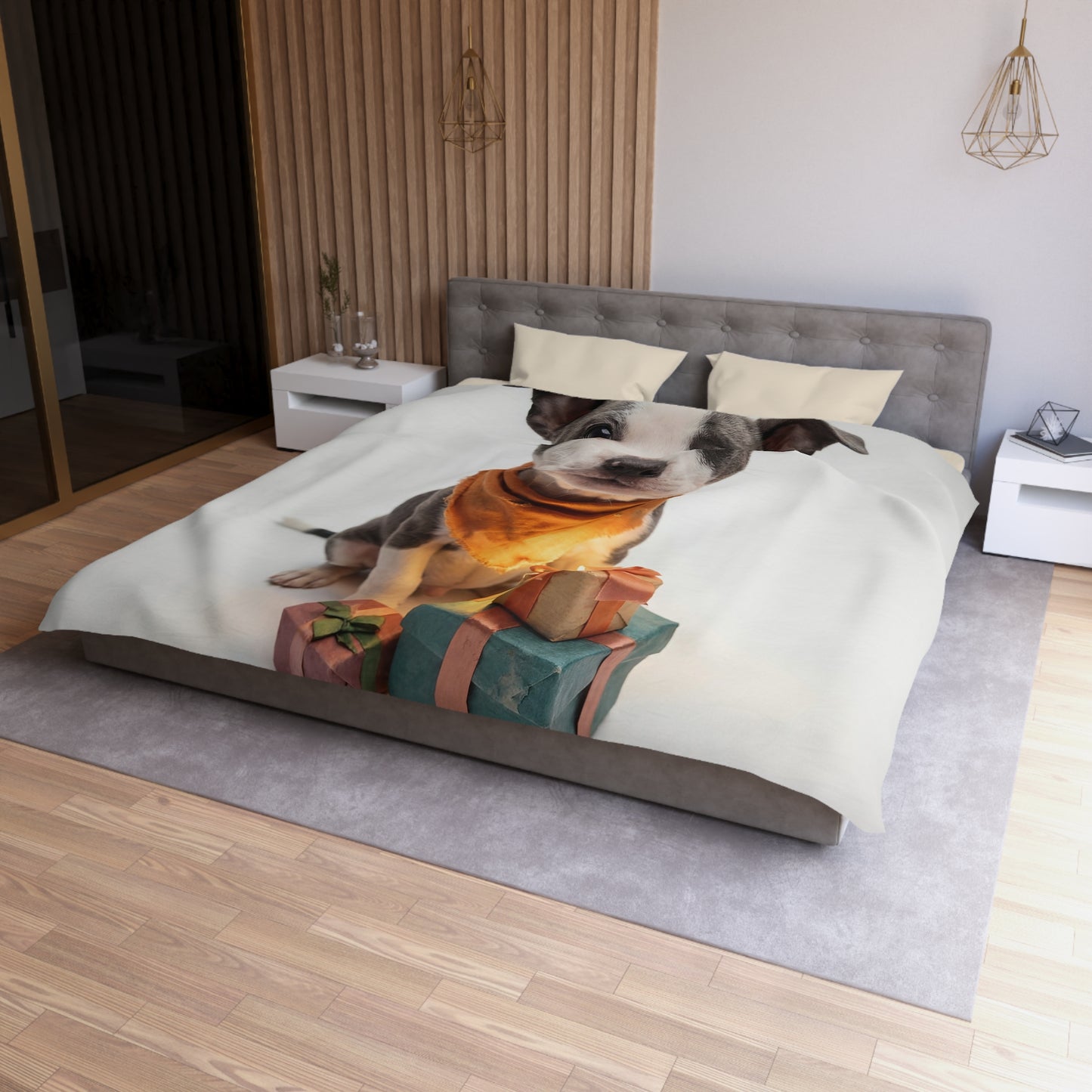 Tiny Gift-Giver Microfiber Duvet Cover – Warm Orange Bandana & Wrapped Presents
