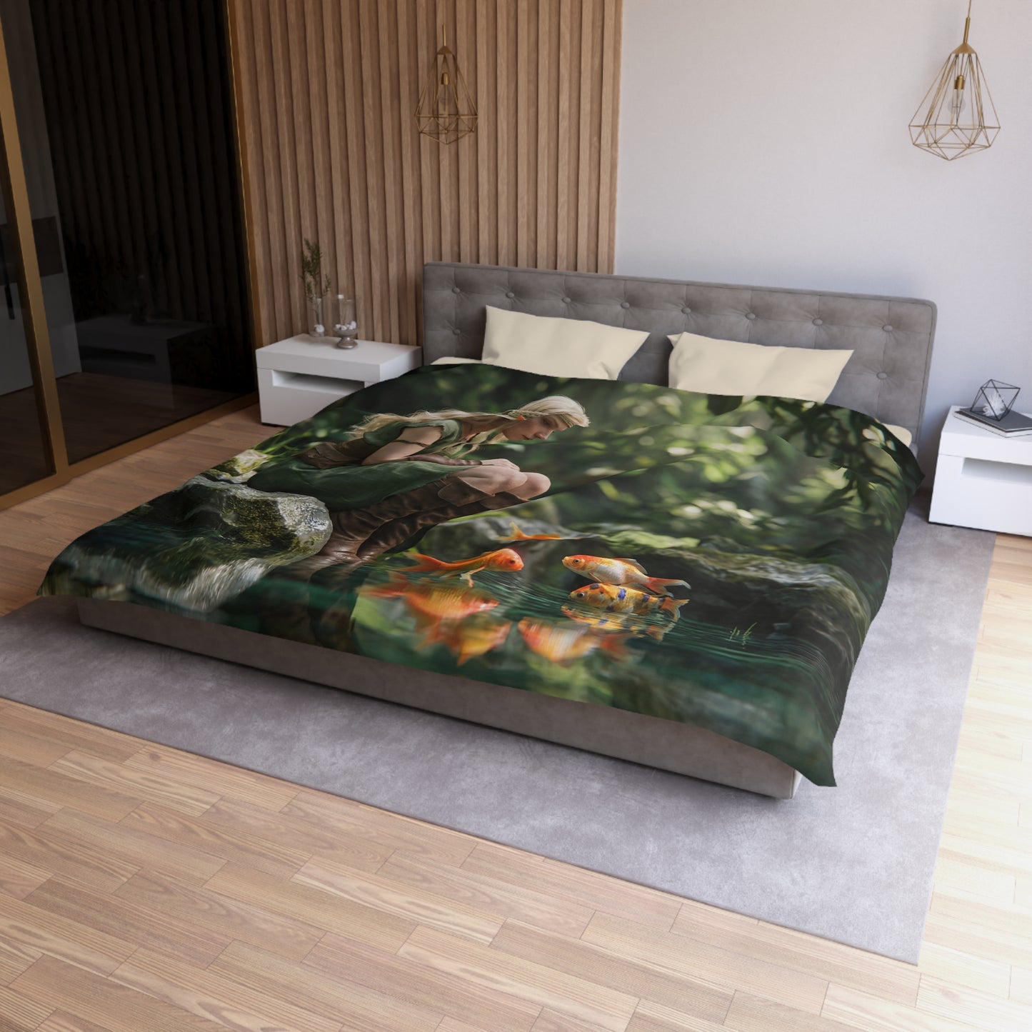 Forest Elf with Goldfish Microfiber Duvet Cover – Quiet Dawn Reflections