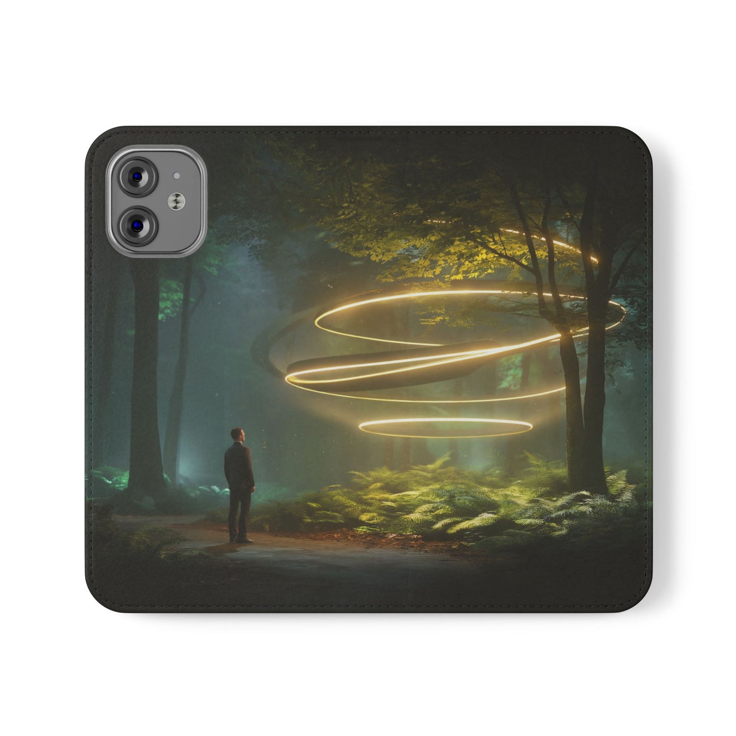 Luminous Spiral Forest Flip Cases – Golden Light Rings Mystery Scene