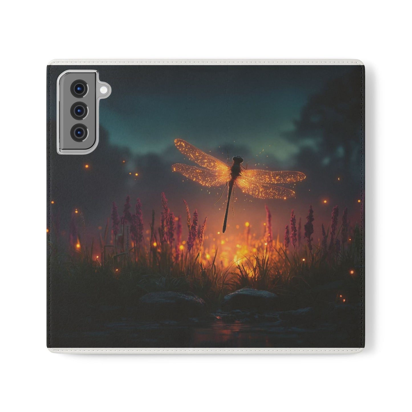Bioluminescent Dragonfly Flip Cases – Glowing Amber Wings Over Twilight Marsh