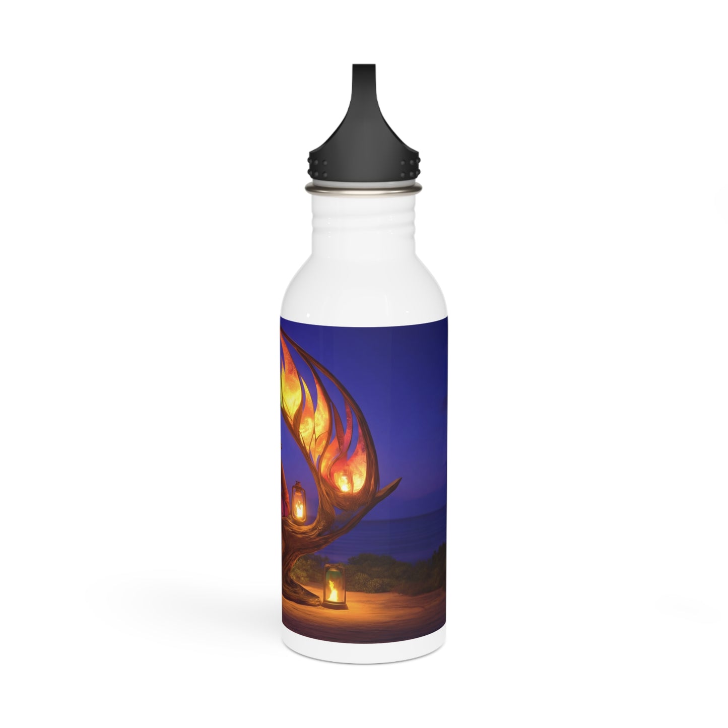 Luminous Phoenix Arch Water Bottle – Sunset Sanctuary with Hanging Lanterns