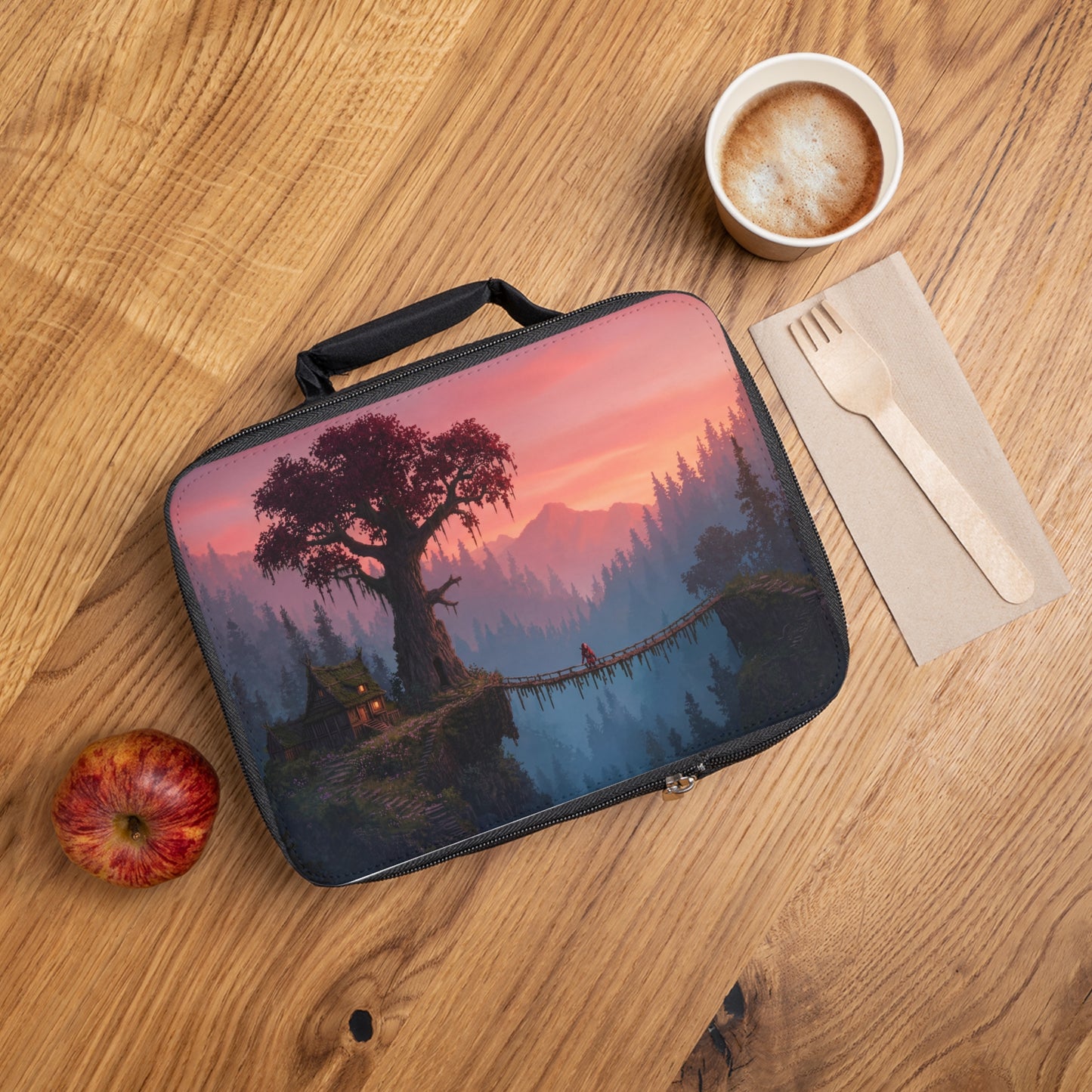 Crimson Sentinel Tree Lunch Bag – Sunset Bridge to the Whispering Woods