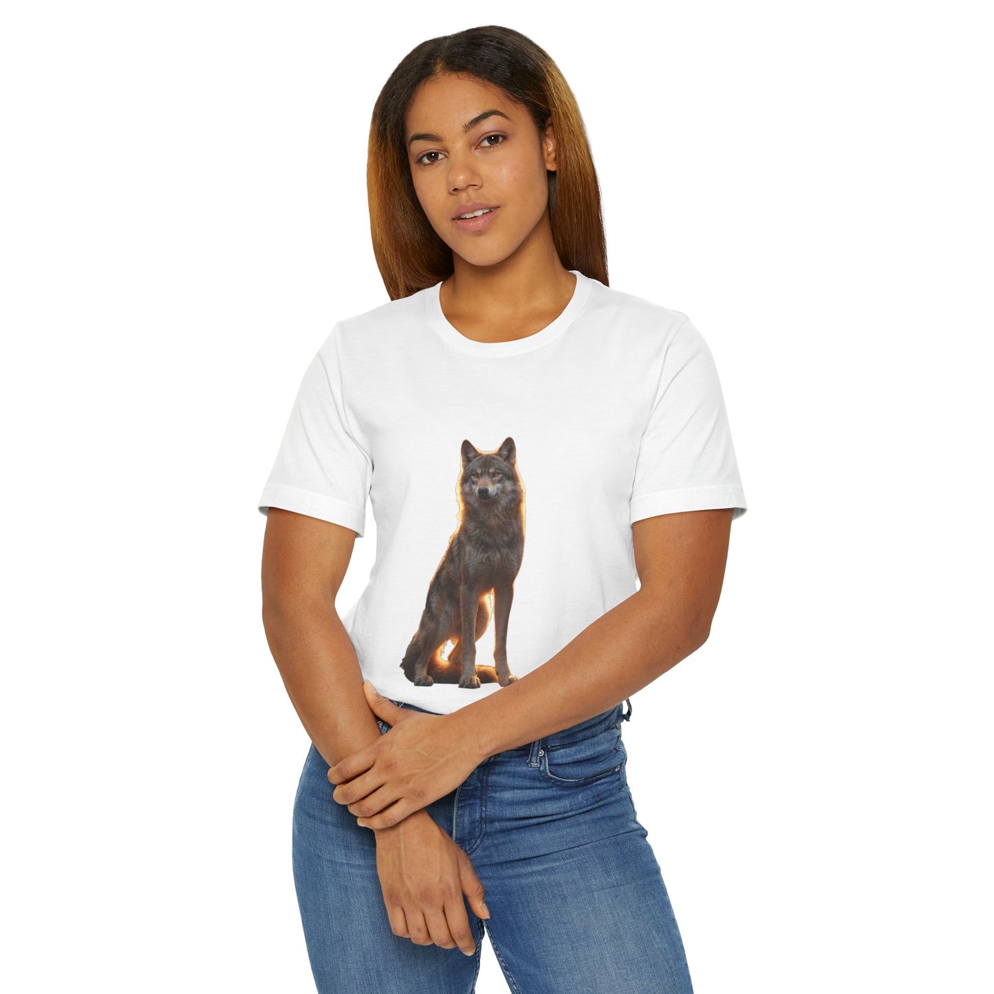 Sentinel Wolf Unisex Jersey T-Shirt – Golden Hour Guardian Portrait