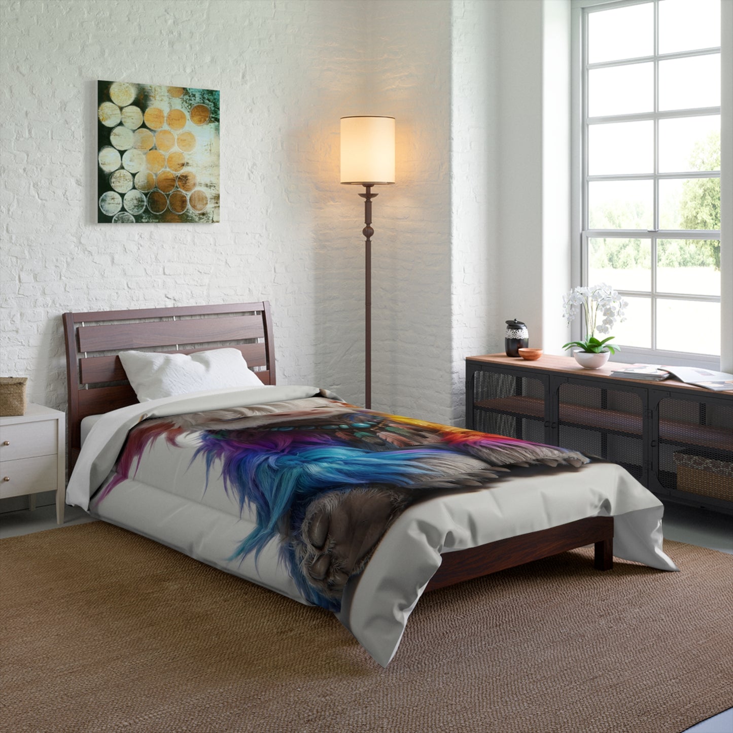 Rainbow Horned Guardian Comforter – Whimsical Furry Spirit Dreamscape