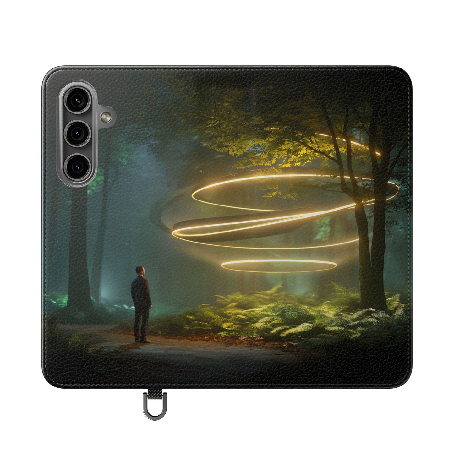 Luminous Spiral Forest Flip Cases – Golden Light Rings Mystery Scene