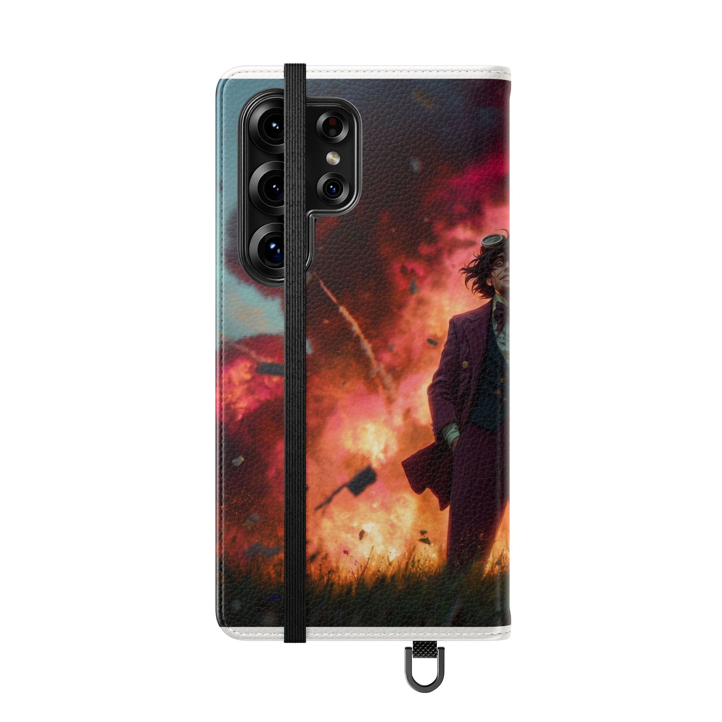 Goggles & Chaos Flip Cases – Purple Suit Amidst Fiery Explosion