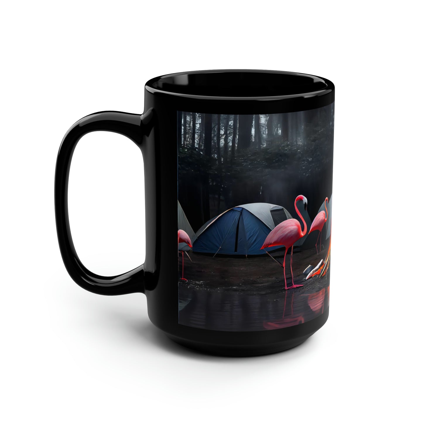 photo of a flock of flamingos in oregon, campfire, tents, rain, hdr, dof, highly detailed - Mug, Black