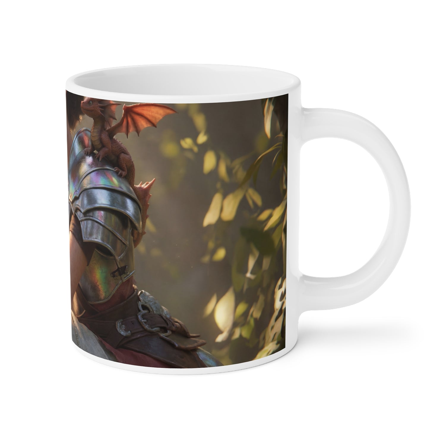 Elf Sentinel Ceramic Mugs (11oz\15oz\20oz) – Sunlit Grove with Tiny Dragon Companion
