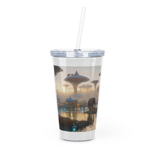 Celestial Savannah Tumbler with Straw – Twilight Oasis with Glowing Elephants