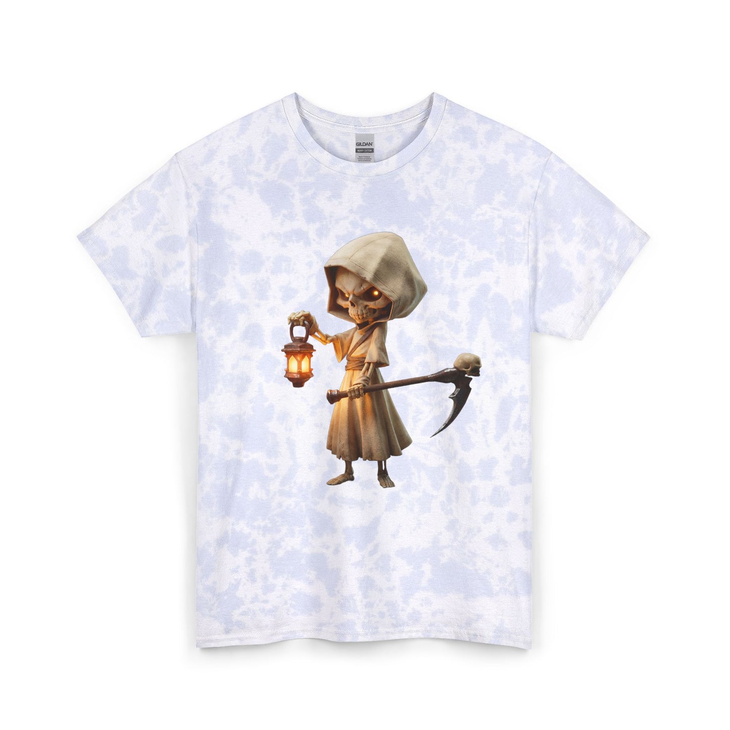 Lantern Guardian Unisex Tie Dye Cotton Tee – Hooded Reaper with Skull Scythe and Glow