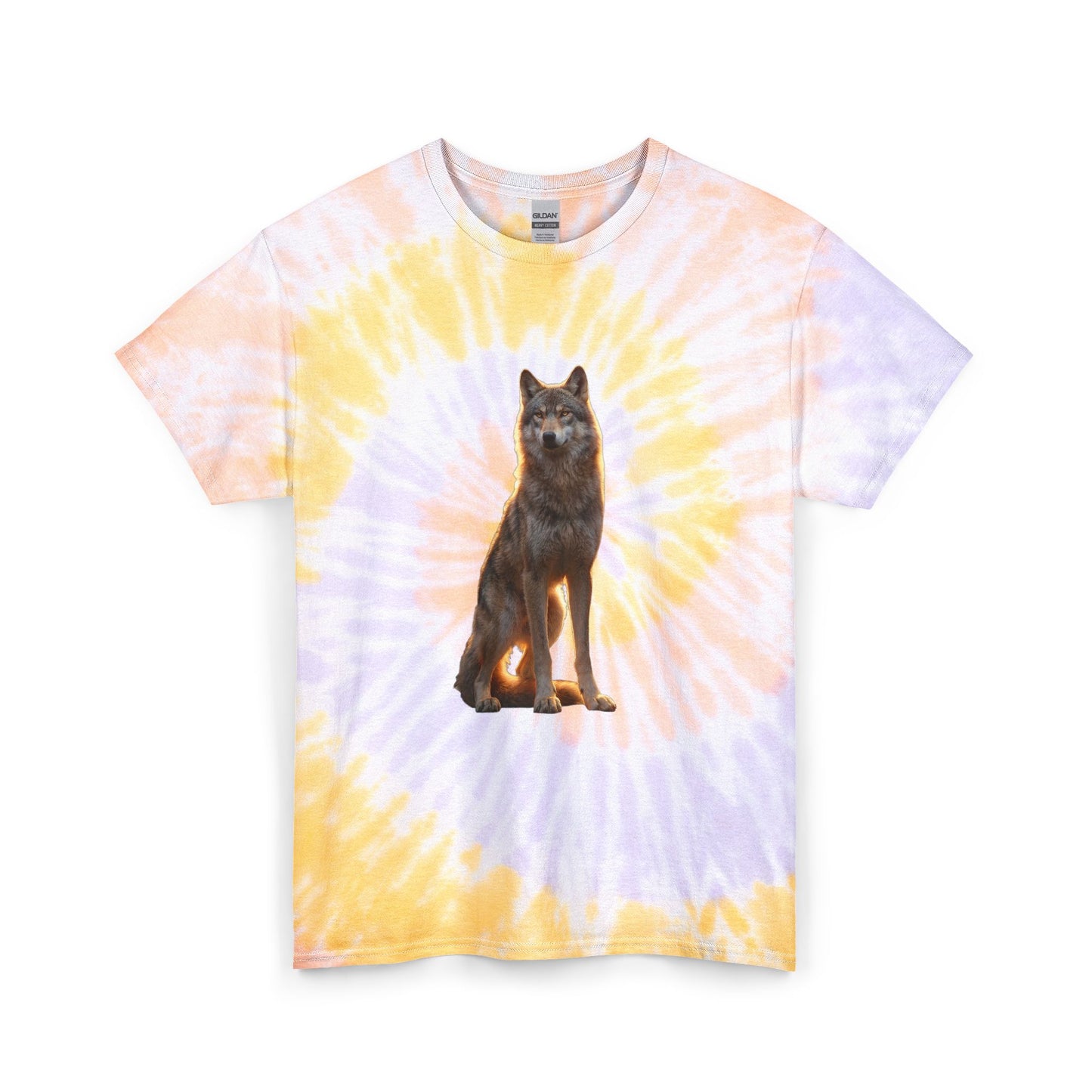 Golden Hour Wolf Unisex Tie Dye Cotton Tee – Amber Sentinel Portrait