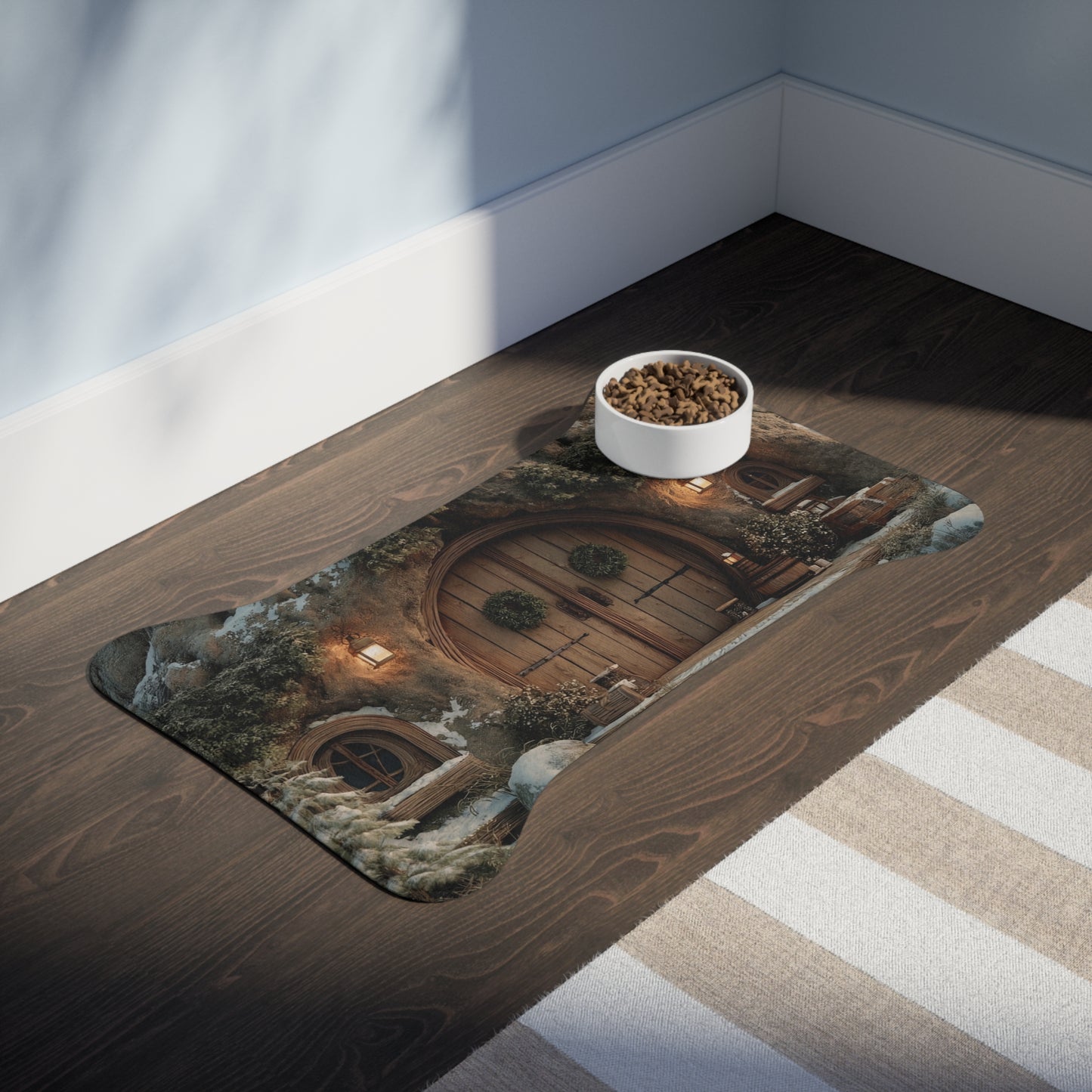 Winter Hollow Cottage Pet Feeding Mats – Snow-Dusted Hearth Welcome
