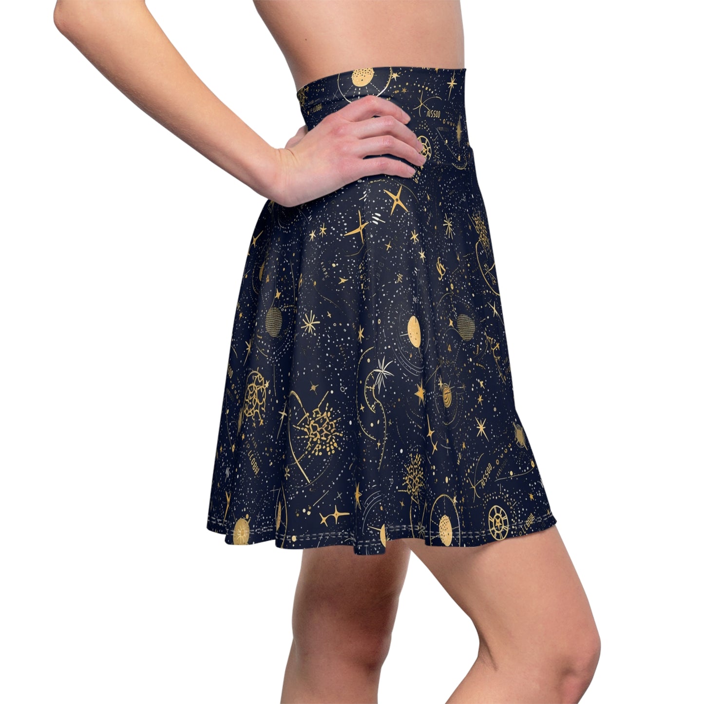 "A detailed star map pattern with constellations interconnected by delicate lines, using a color palette of deep indigo, midnight blue, and accents of silver and gold." - Women's Skater Skirt