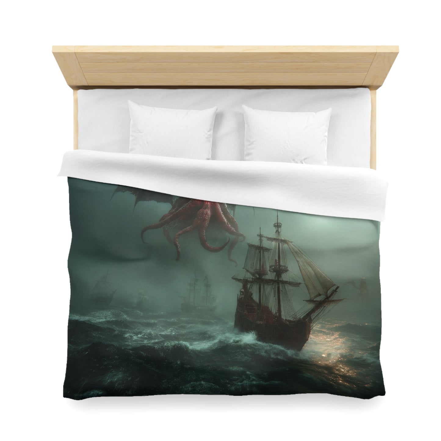 Leviathan Sentinel Microfiber Duvet Cover – Crimson Winged Guardian Seascape