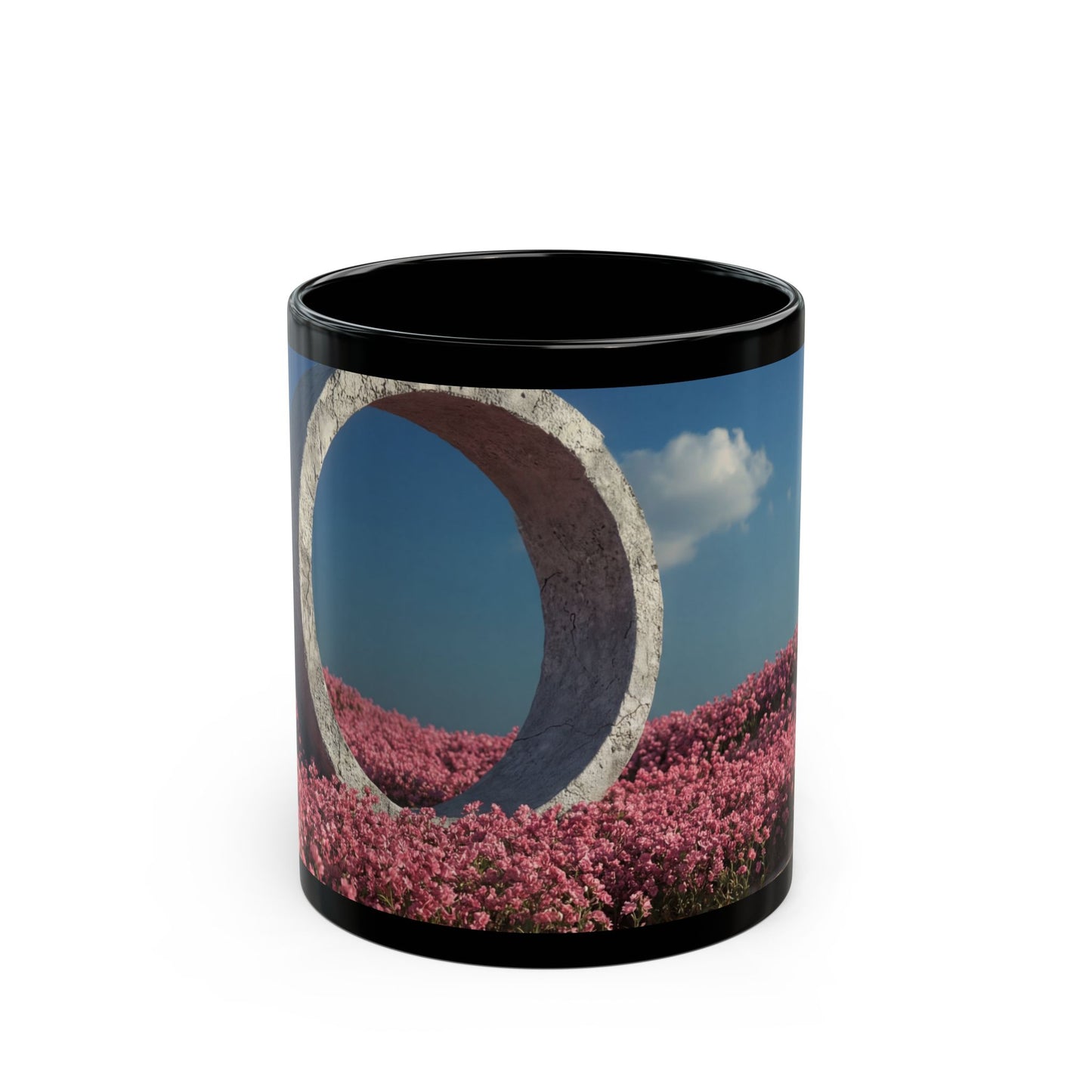 Stone Portal in Pink Bloom Field Mug – Serene Gateway to Dreamscapes
