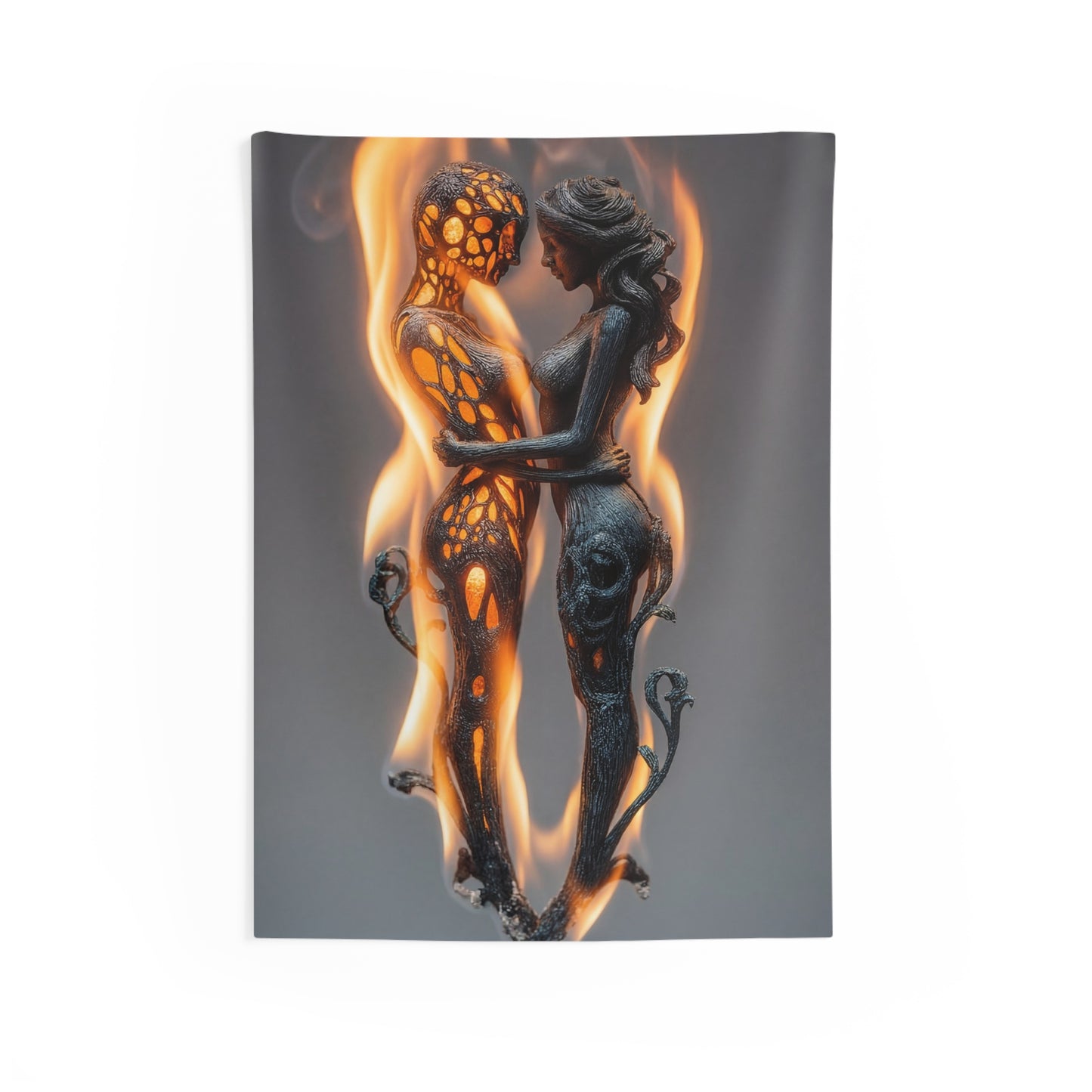 Flame-Embraced Lovers Indoor Wall Tapestries – Intertwined Spirits Amidst Dancing Fire