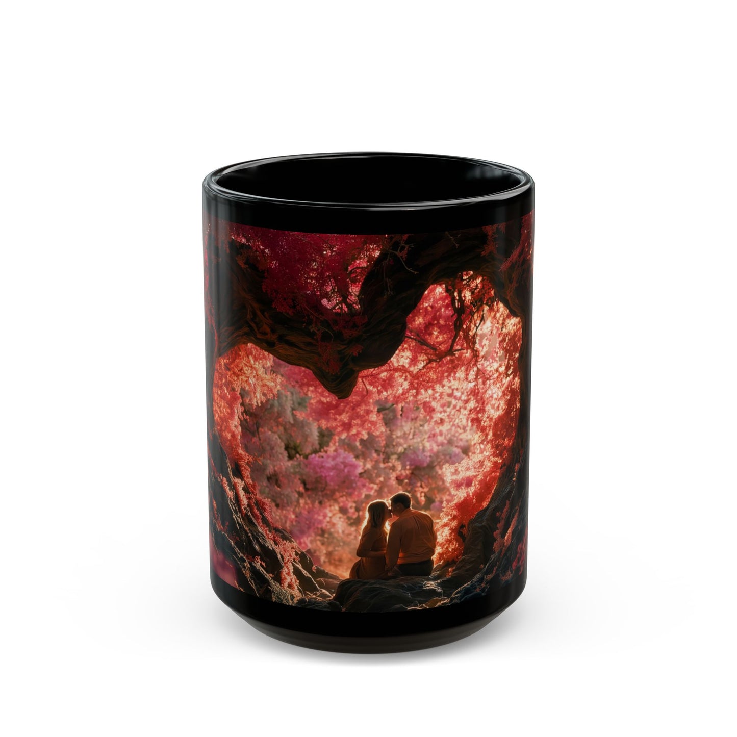 Crimson Canopy Couple Mug – Sunset Embrace in Fantasy Forest