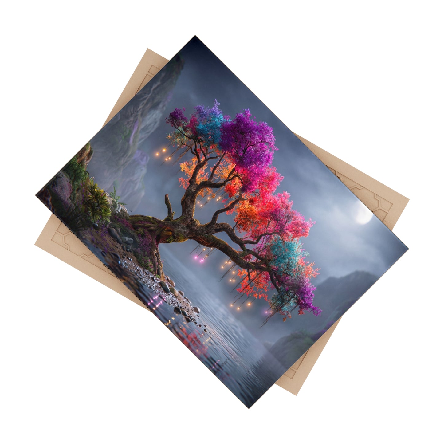 Rainbow Grove Ceramic Photo Tile – Moonlit Tree of Whimsical Colors
