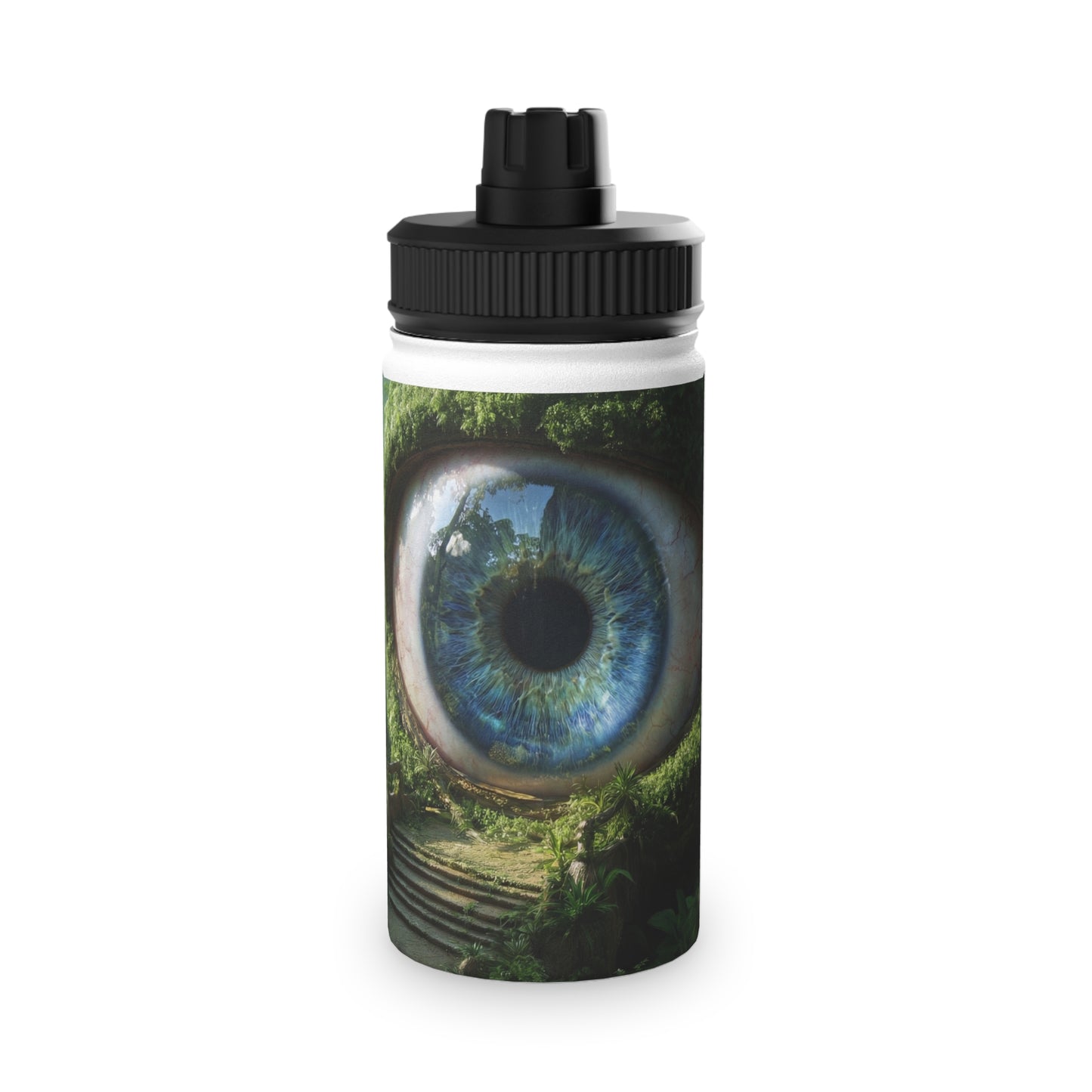 Guardian Eye of the Emerald Grove Stainless Steel Water Bottle, Sports Lid – Watchful Forest Portal