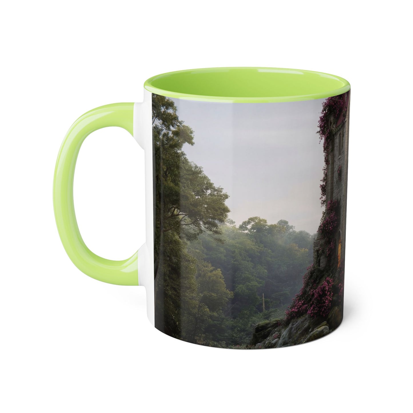 Rose-Covered Tower Accent Mugs, 11oz – Pink Bloomed Gothic Ruin