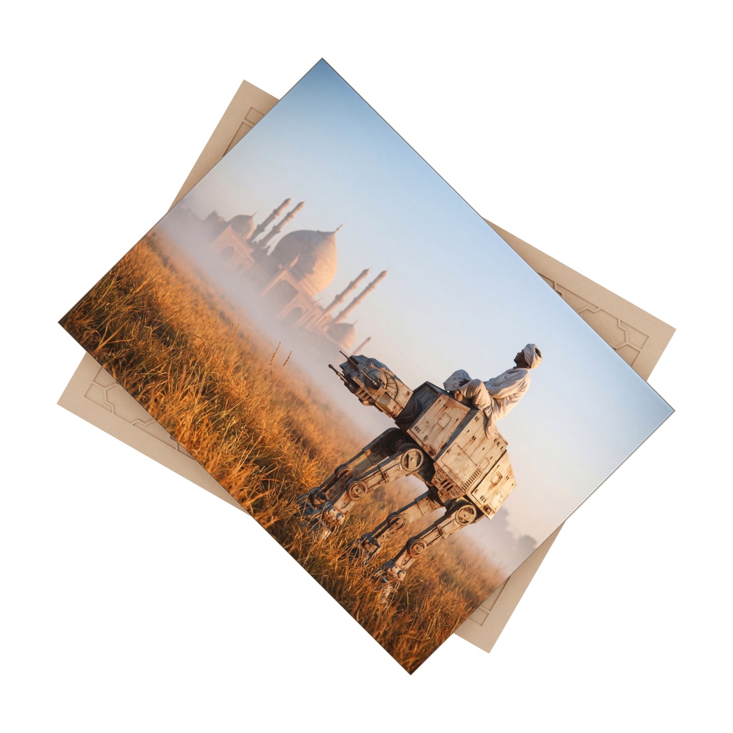 Man on AT-AT in Golden Field Ceramic Photo Tile – Taj Mahal Sunrise Fusion