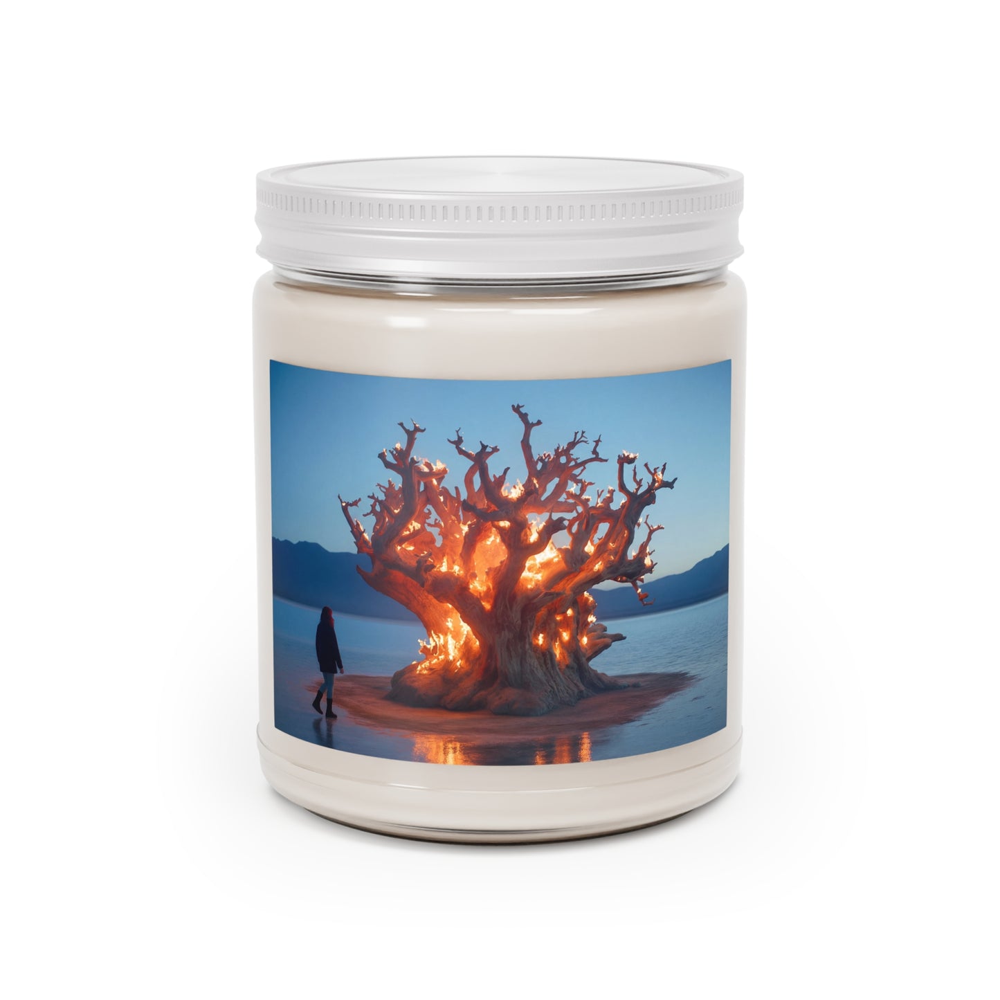 Burning Oracle Tree Scented Soy Candles with White Lid, 9oz – Sacred Flame at Dusk