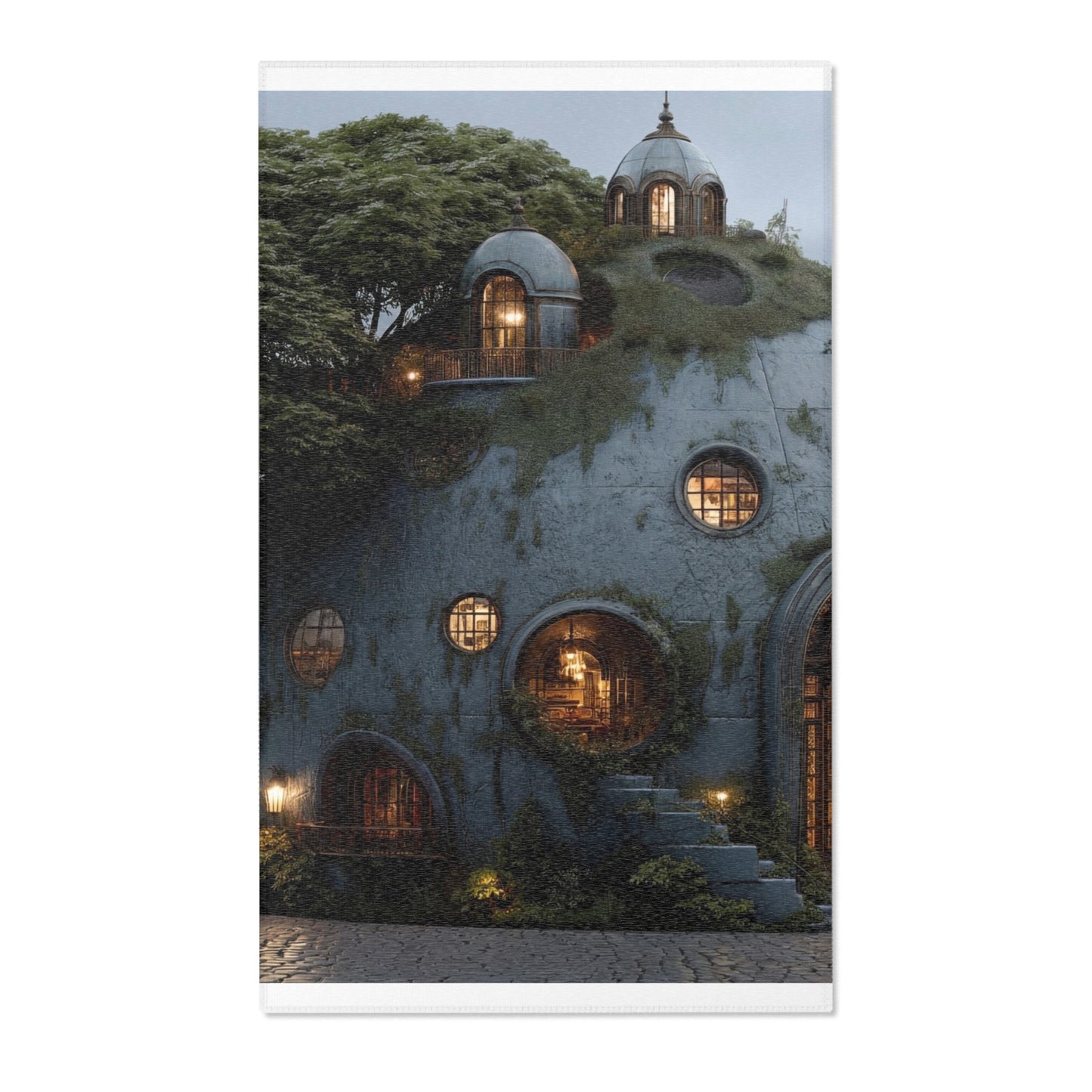 Sky-Rooted Dwelling Area Rug – Moss-Covered Dome House Dreamscape