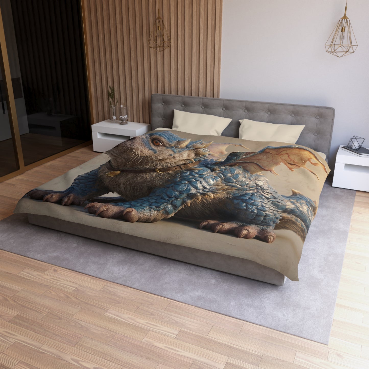 Azure Dragon Otter Microfiber Duvet Cover – Whimsical Guardian with Winged Grace