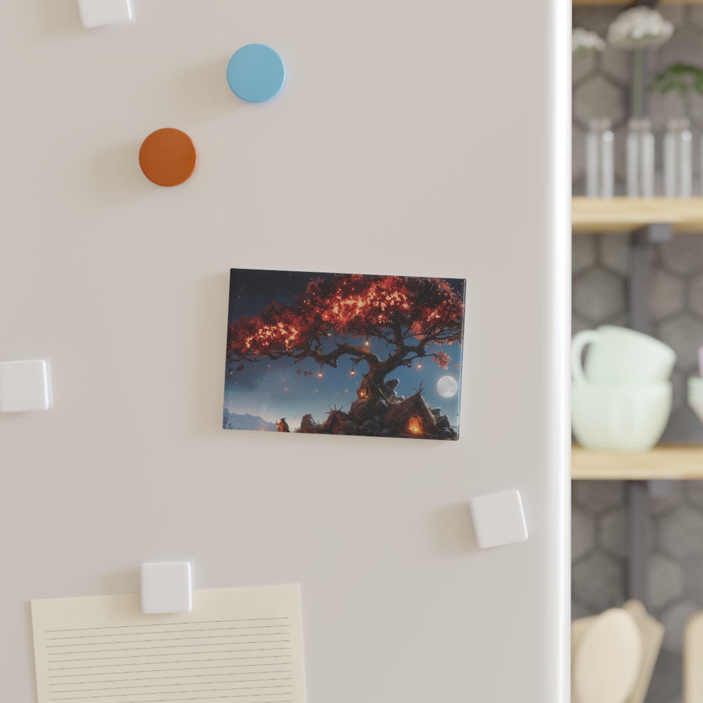 Whispering Ember Tree Button Magnet, Rectangle (1 & 10 pcs) – Campfire Glow Under a Starlit Canopy