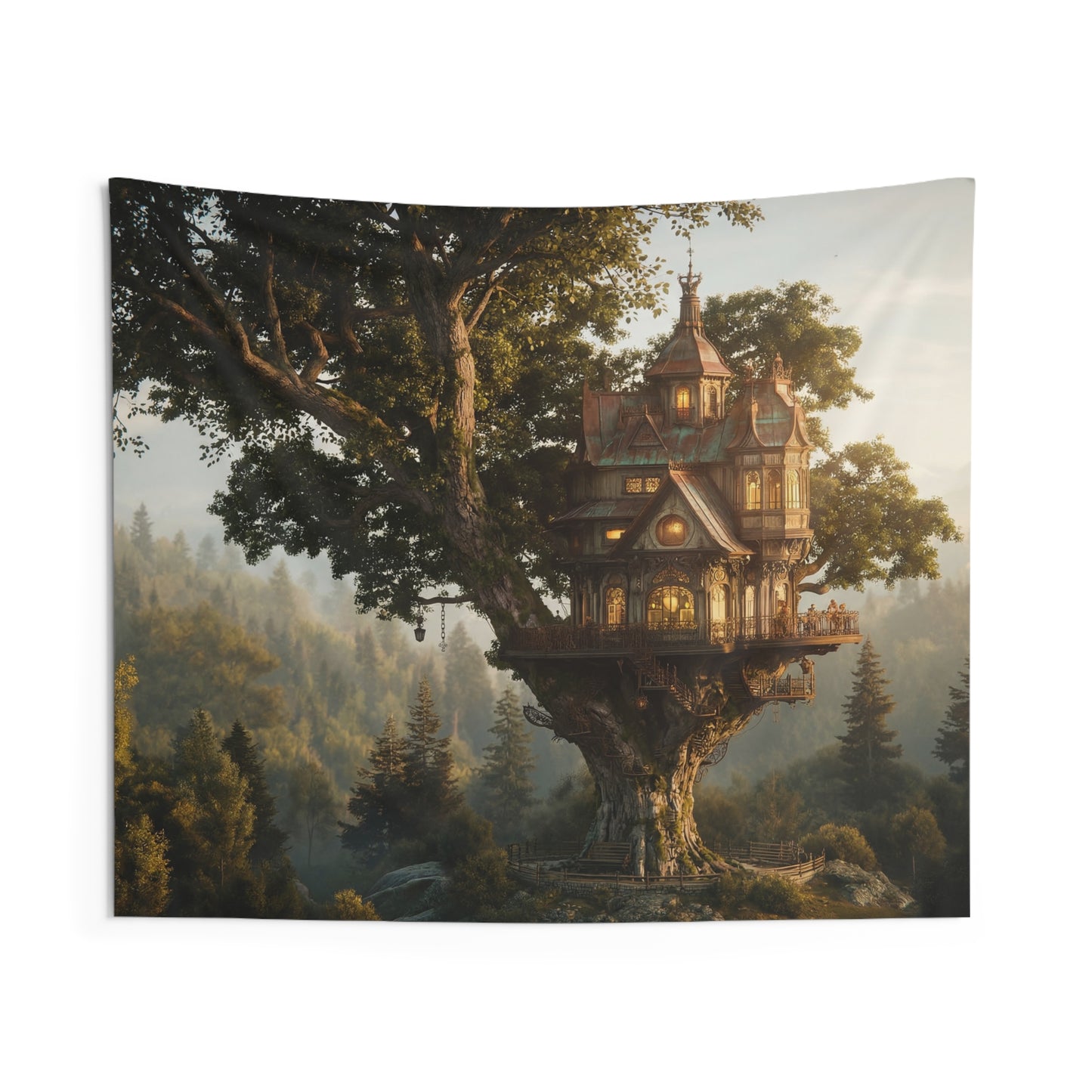 Treehouse Citadel Indoor Wall Tapestries – Sunlit Grove Sanctuary