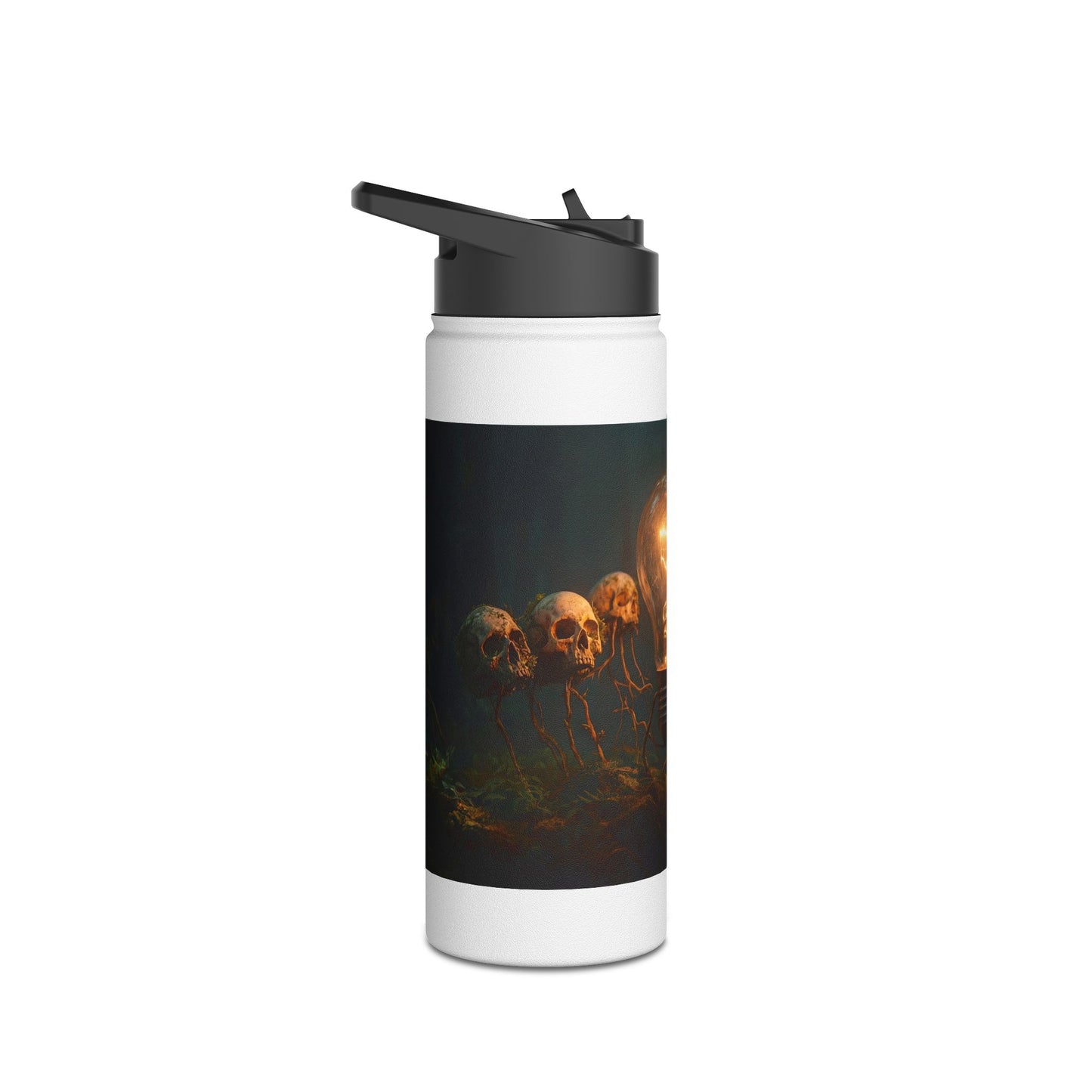 Glowing Lightbulb in Haunted Forest Stainless Steel Water Bottle, Standard Lid – Illuminated Wisdom Among the Ancient Bones
