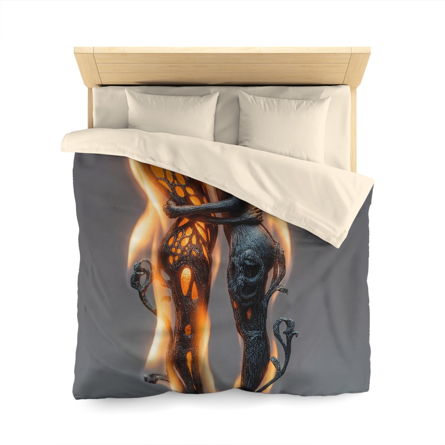 Flame-Embraced Lovers Microfiber Duvet Cover – Intertwined in Gilded Fire