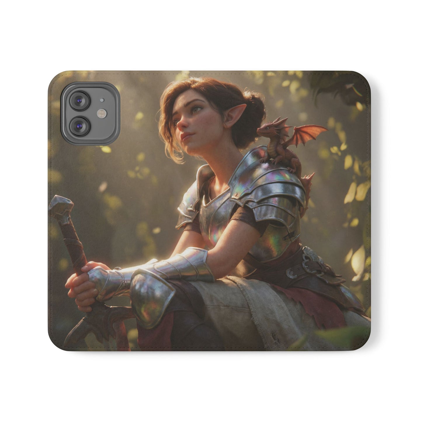 Elven Knight with Dragon Flip Cases – Iridescent Armor & Tiny Guardian Portrait