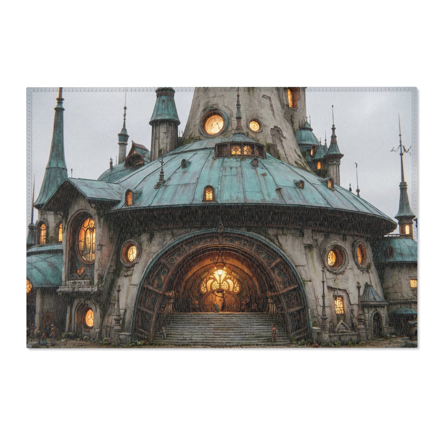 Clockwork Citadel Area Rugs – Twilight Keep with Glowing Windows