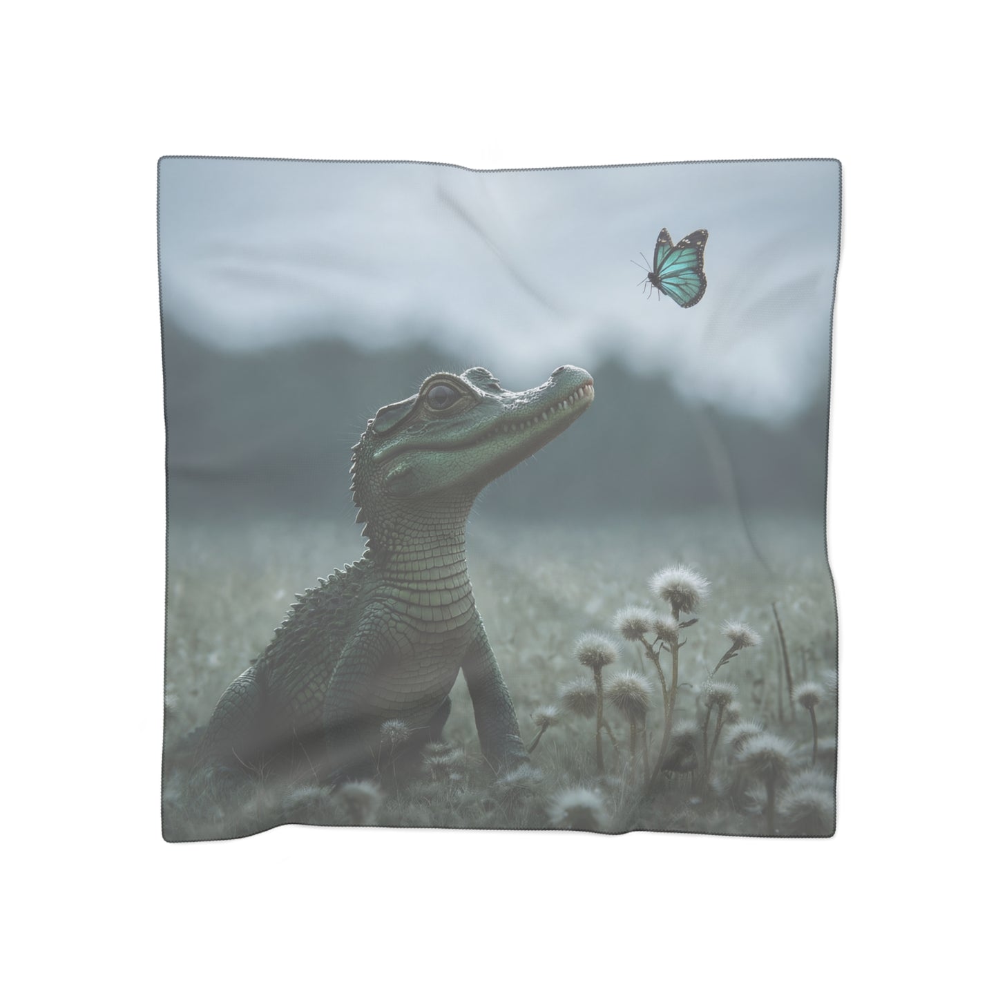 Curious Caiman Poly Scarf – Teal Butterfly Encounter