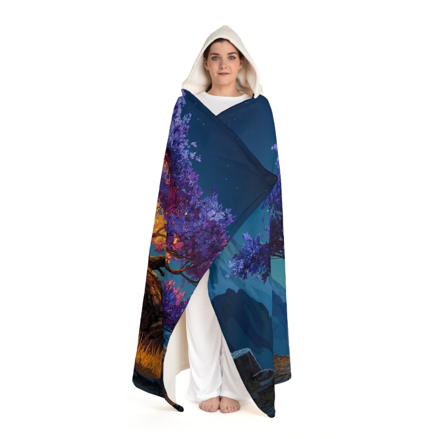 Celestial Tree Hooded Sherpa Fleece Blanket – Twilight Bloom Dreamscape