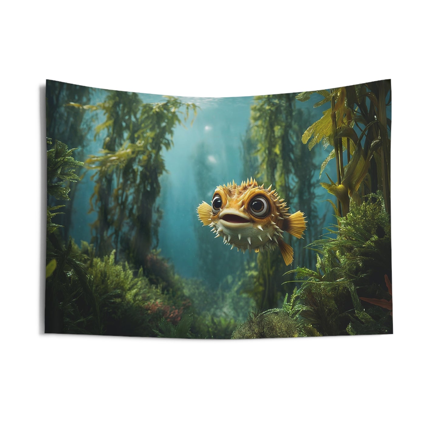 Curious Pufferfish Wall Tapestry – Sunlit Kelp Forest Adventure