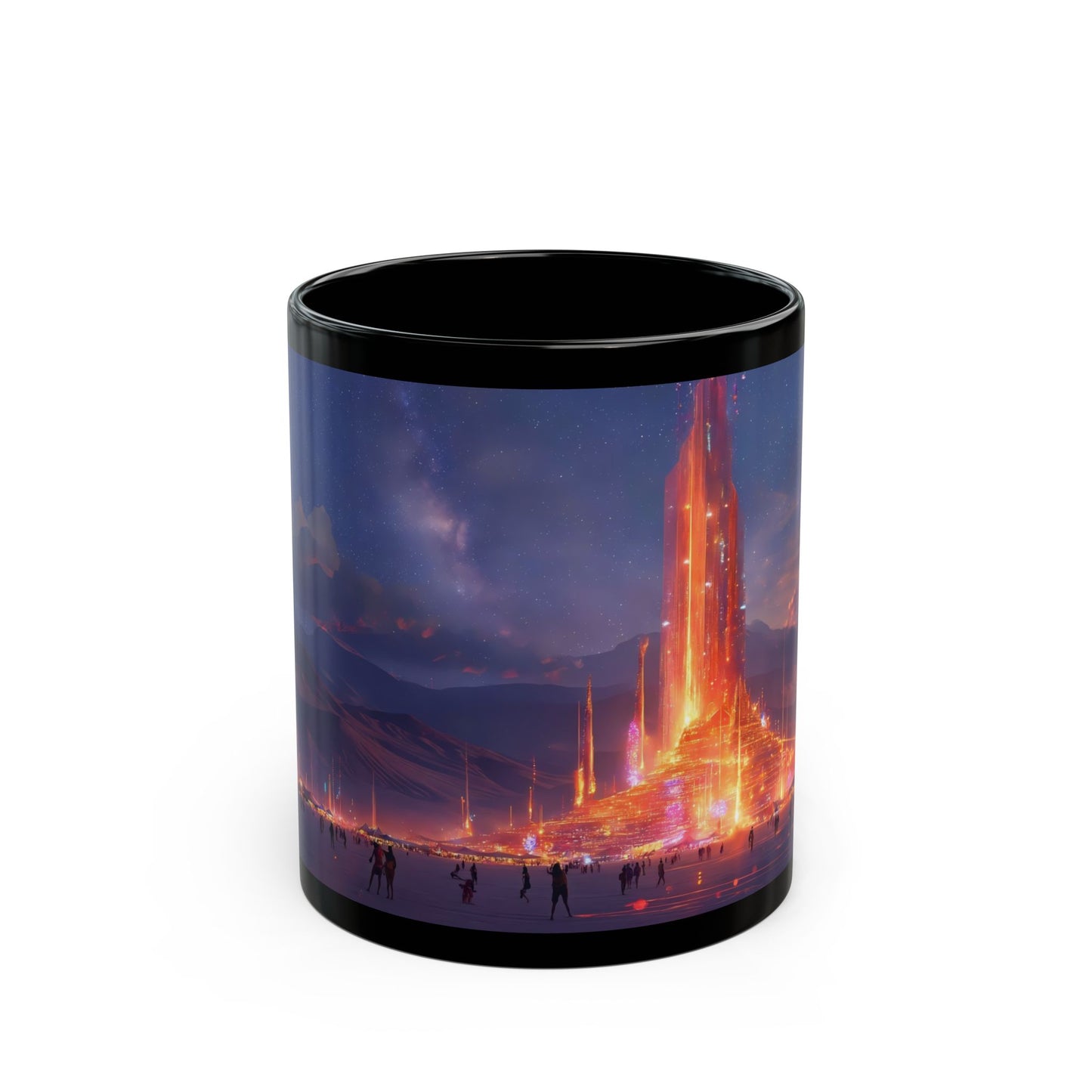 Cosmic Spire Black Mug – Neon Desert Temple Dreamscape