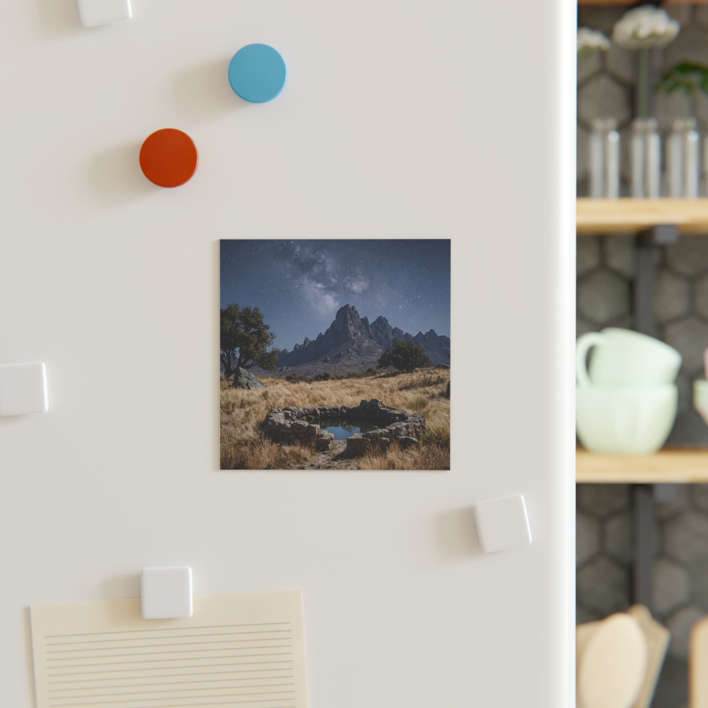 Starlit Mountain Well Square Magnet – Whispering Peaks Under Milky Way