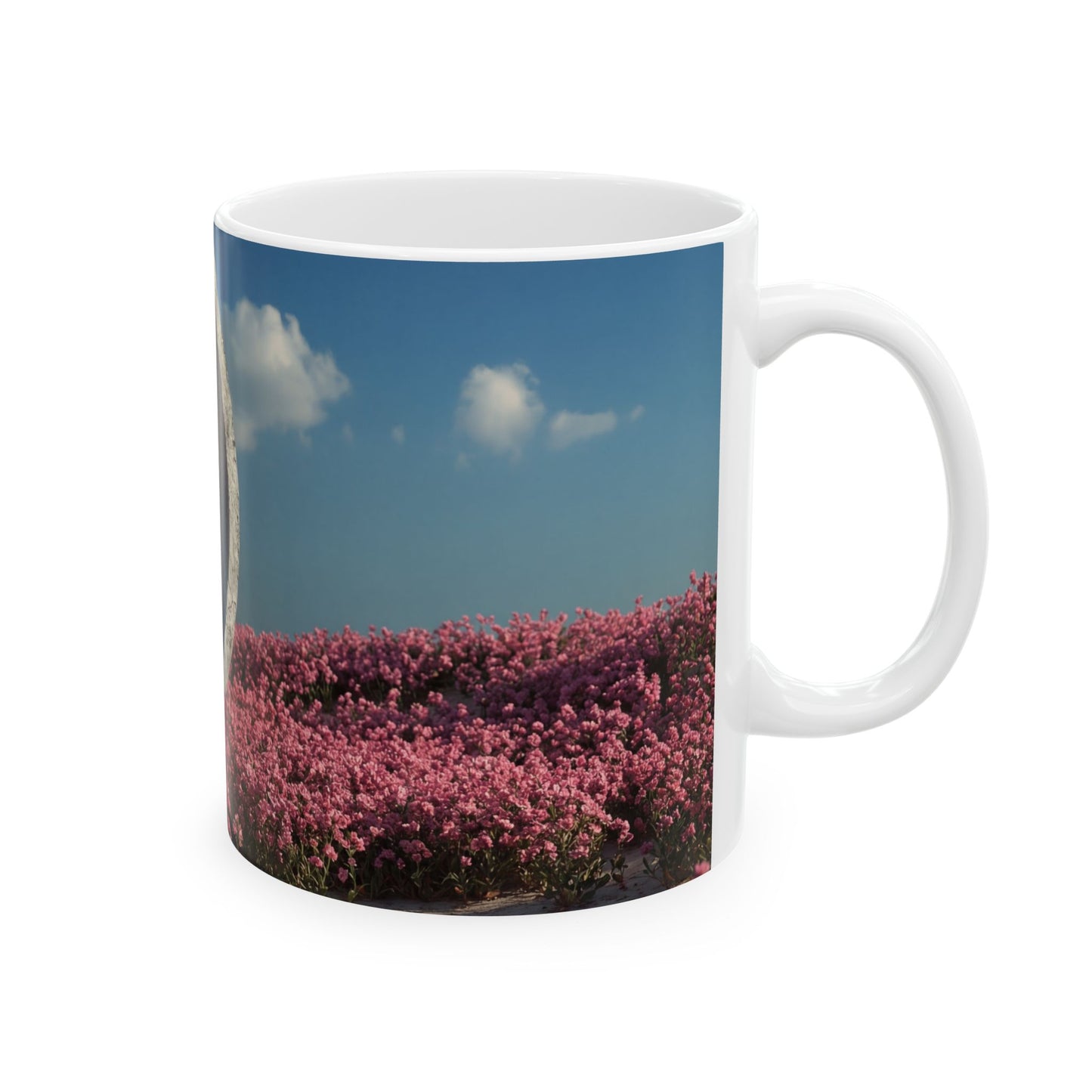 Stone Ring in Pink Bloom Field Ceramic Mug – Serene Portal to Wildflowers