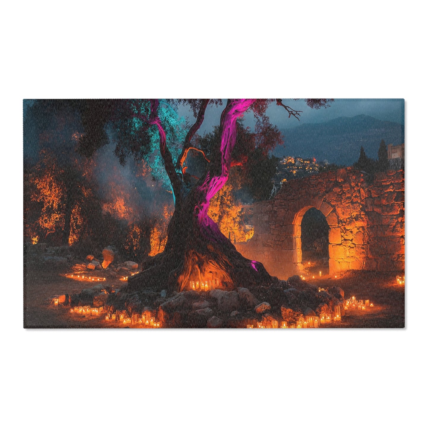 Ancient Tree with Neon Glow Area Rugs – Sacred Grove at Twilight