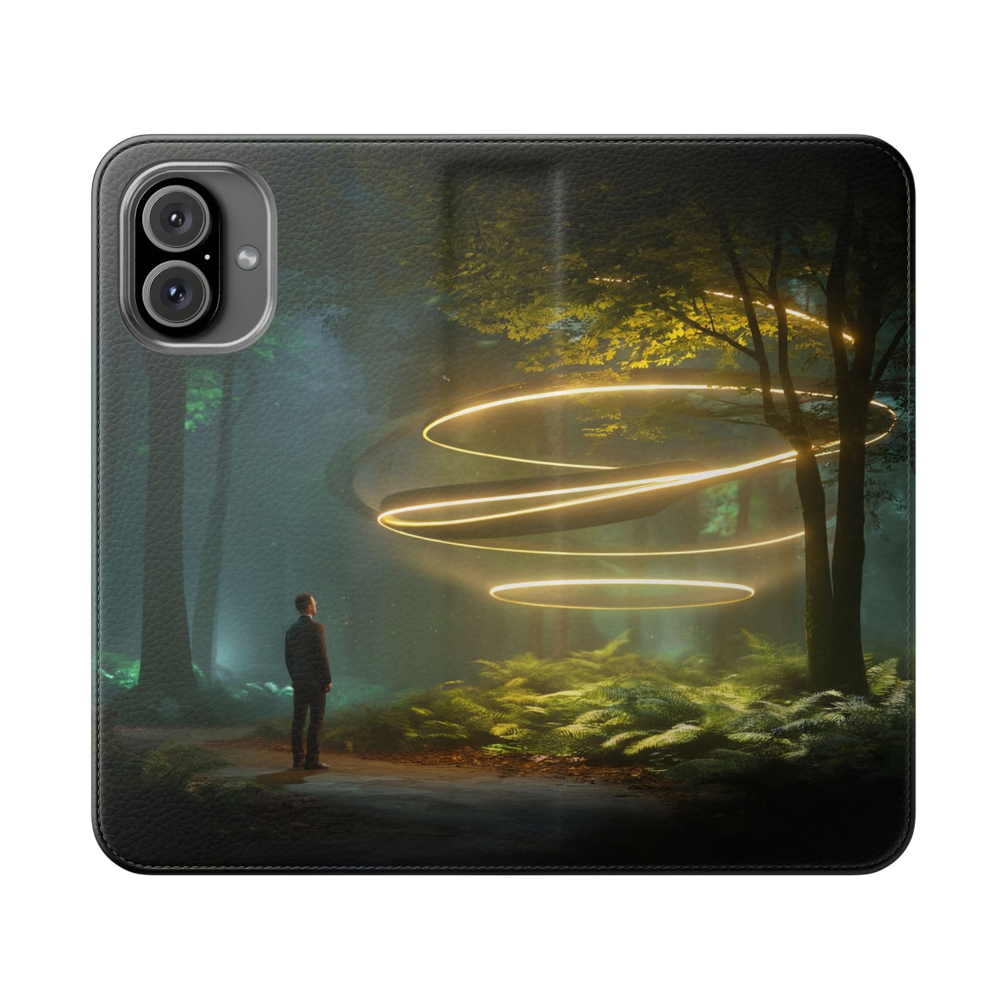 Luminous Spiral Forest Flip Cases – Golden Light Rings Mystery Scene