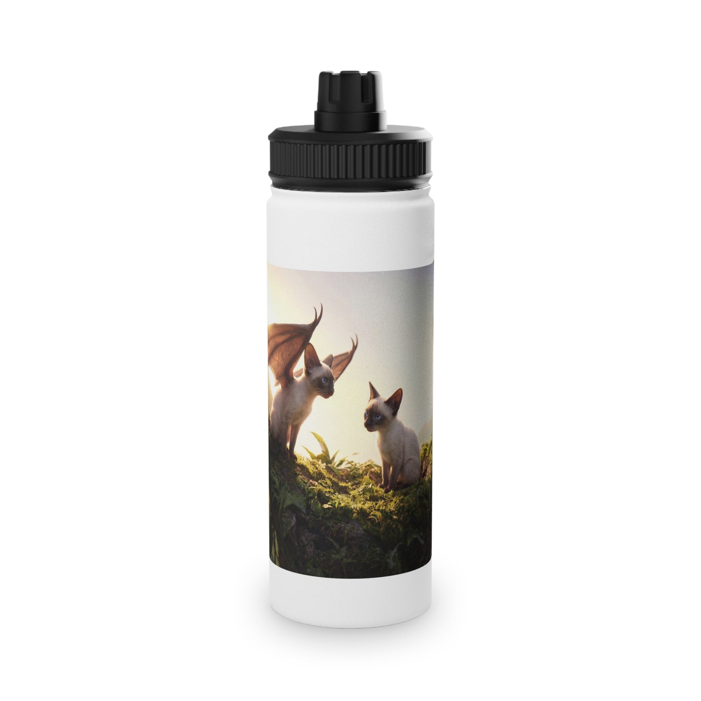 Winged Siamese Kittens Stainless Steel Water Bottle, Sports Lid – Sunlit Grove Whispers