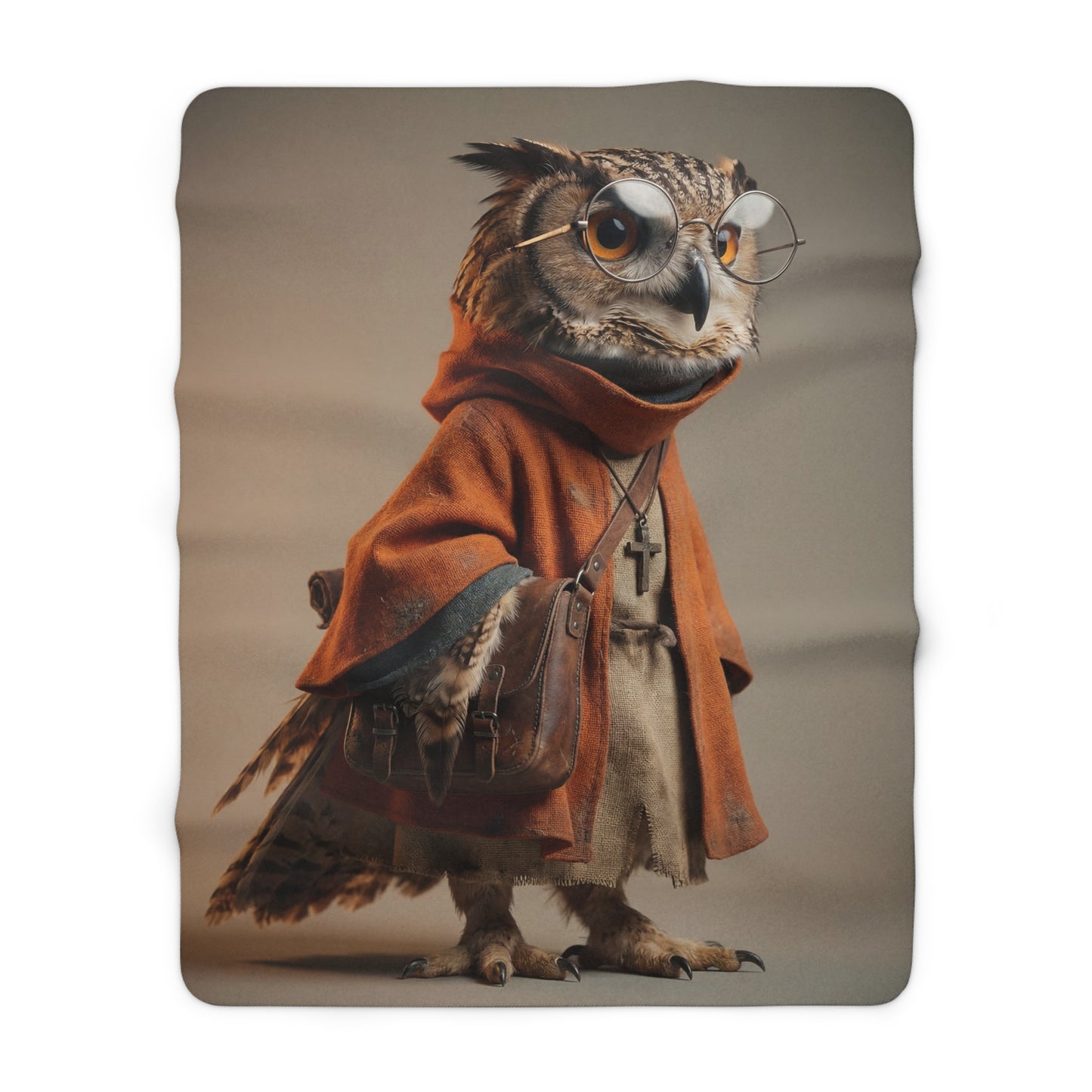 Goggles-Swelled Owl Traveler Sherpa Fleece Blanket – Rust Robe and Leather Satchel Portrait