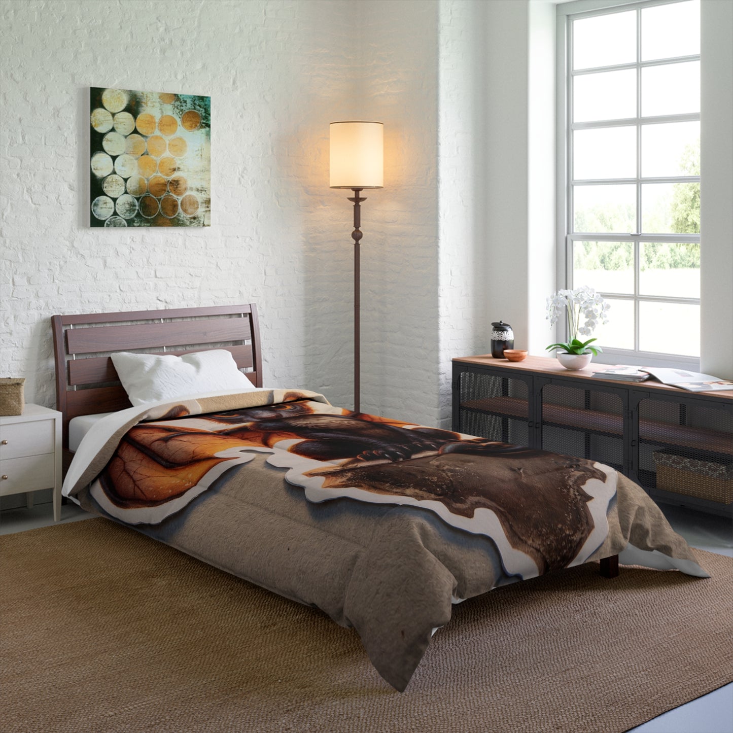 Winged Feline Sentinel Comforter – Amber Glow in the Twilight