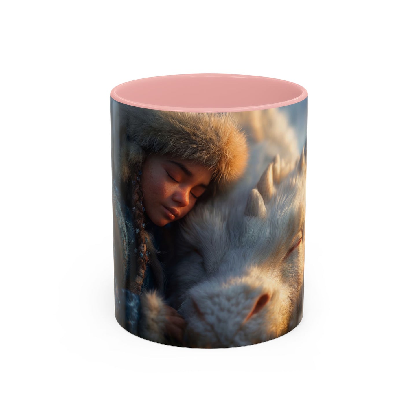 Winter Guardian Accent Coffee Mug (11, 15oz) – Fur-Hooded Child Sleeping Beside White Dragon Sentinel