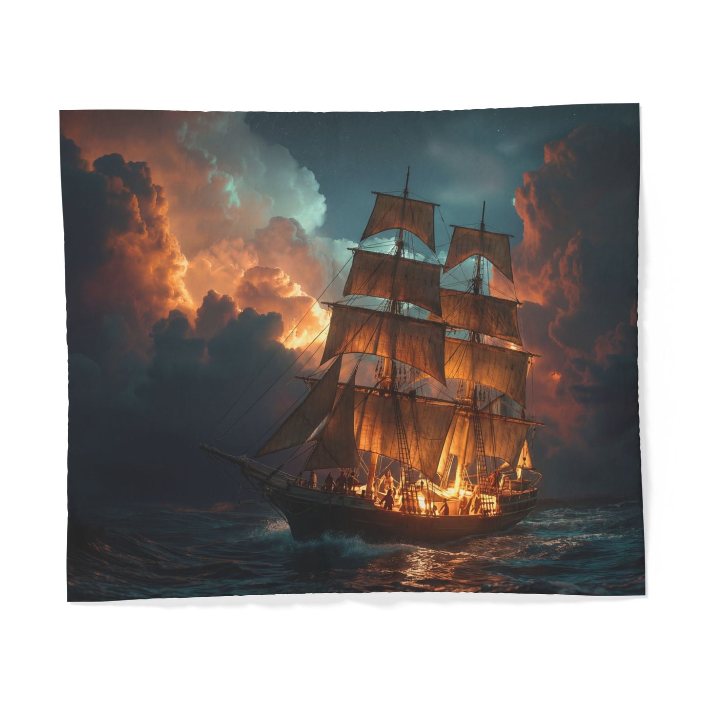 Golden Horizon Sailing Ship Cotton Duvet Cover – Amber Clouds and Twilight Voyage