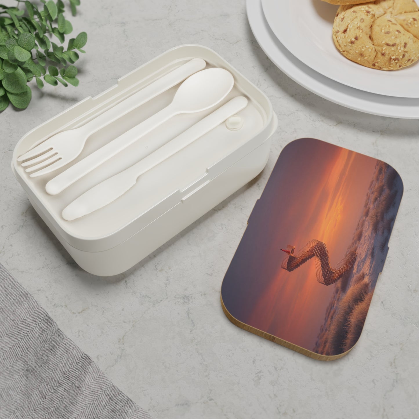 Solitary Staircase Bento Lunch Box – Sunset Ascension in Crimson