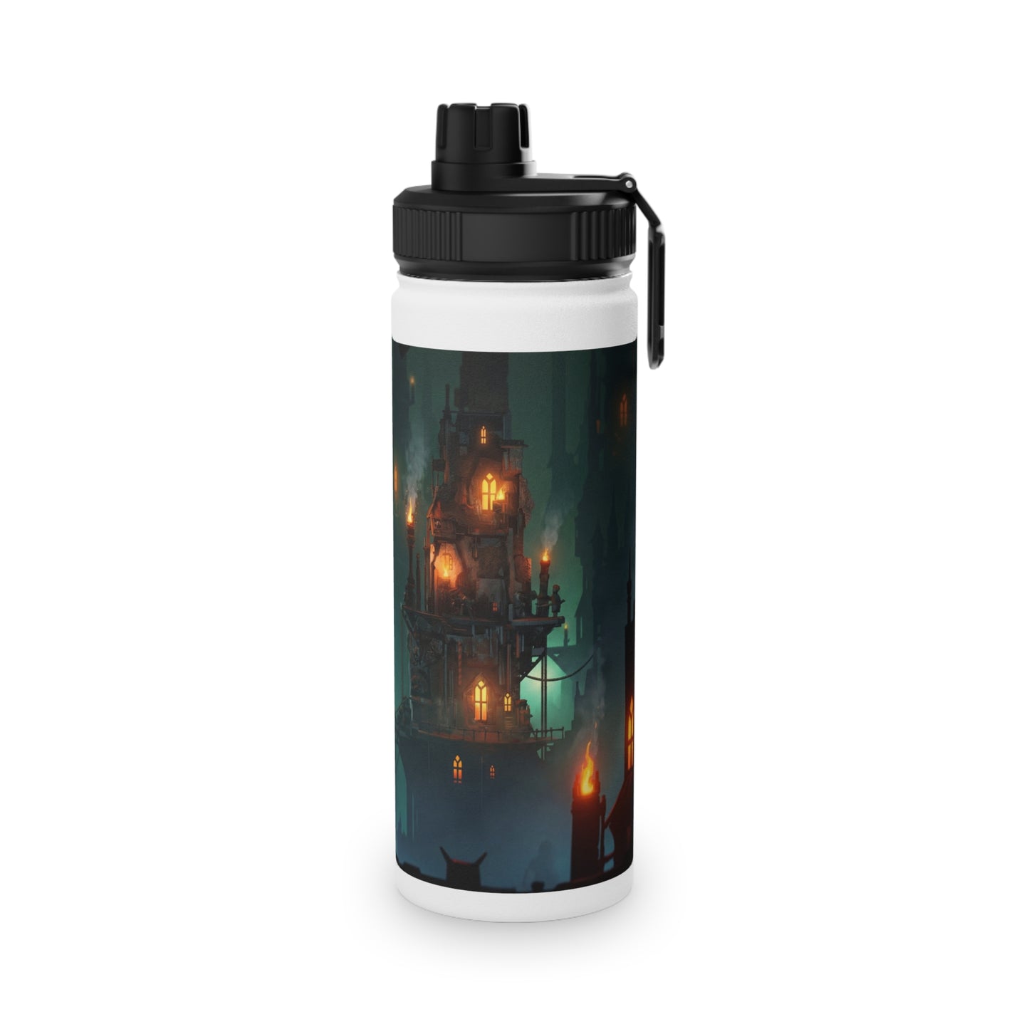 Floating City at Dusk Stainless Steel Water Bottle, Sports Lid – Amber Lanterns Over Misty Skyline